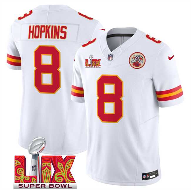 Men & Women & Youth Kansas City Chiefs #8 DeAndre Hopkins White 2025 Super Bowl LIX Patch F.U.S.E. Vapor Limited Stitched Jersey